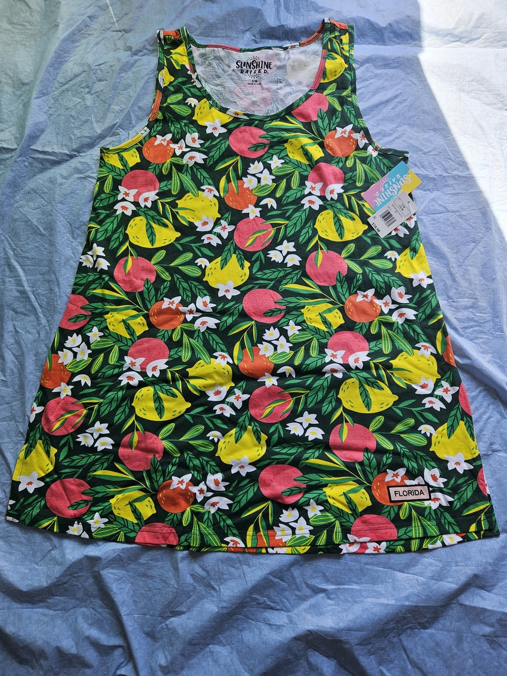 Florida Adult Tropical Casual Dress - Green with Pink & Yellow Fruit Print